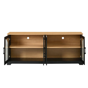 English Elm Farmhouse Media Console with Arched Glass Doors Wood Grain Two Tone Living Room Storage Black N721P411204B