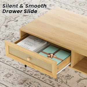 English Elm Mid-Century 47" Rectangular Coffee Table with Rattan Drawer, Open Shelf & Metal Legs for Living Room Natural T3623P380015