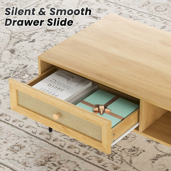 English Elm Mid-Century 47" Rectangular Coffee Table with Rattan Drawer, Open Shelf & Metal Legs for Living Room Natural T3623P380015