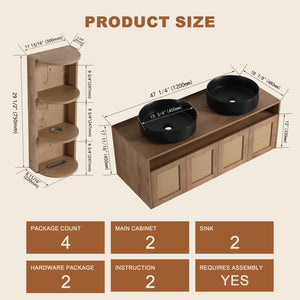 English Elm 48" Floating Bathroom Vanity Oak Finish Dual Ceramic Sinks Four Soft Close Doors W999S00505