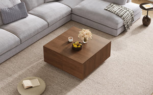 English Elm 33.25" Square Storage Coffee Table Four Drawer Matte Mdf Living Room Centerpiece Walnut N735P422508D