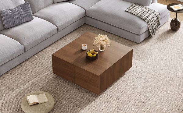 English Elm 33.25" Square Storage Coffee Table Four Drawer Matte Mdf Living Room Centerpiece Walnut N735P422508D