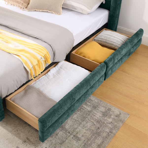 English Elm Queen Chenille Upholstered Storage Bed Wingback Headboard Platform Frame Bedroom Blue+Green W487S00419
