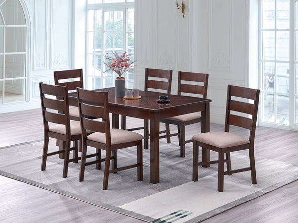 English Elm Contemporary Cherry 7pc Dining Set with Melamine Top, Solid Wood Legs, Fabric Cushion Seats, 59" Table B011S00977