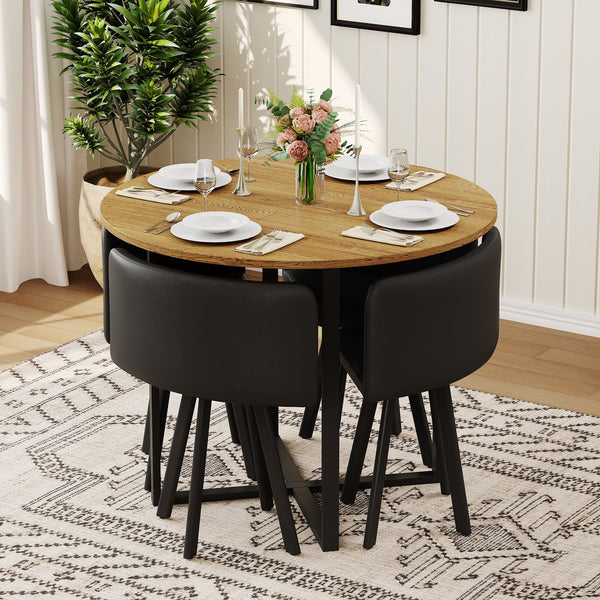English Elm 5 Piece Round Faux Marble Dining Set with Pu Leather Chairs for Small Apartments Black,Wood W3875S00084