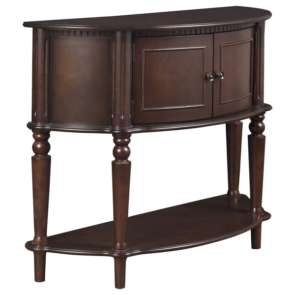 English Elm 1pc Traditional Demilune Entryway Console Table with Two Doors, Lower Shelf, Turned Legs & Fluted Trim Brown 41 L x 17 W x 15.75 H B011P308017