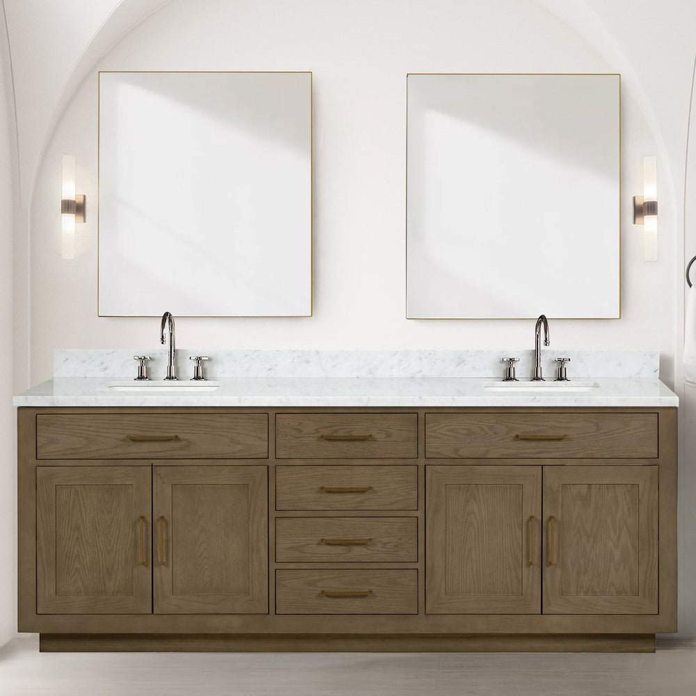 English Elm Grey Oak Double Bath Vanity With Carrara Marble Top, Chrome Faucets & Mirrors - Elegant Storage Solution B2731S01820
