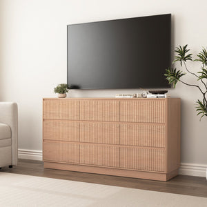 English Elm 9 Drawer Mid Century Wood Dresser Low Profile Matte Finish Bedroom Storage Cabinet Natural W409S00012