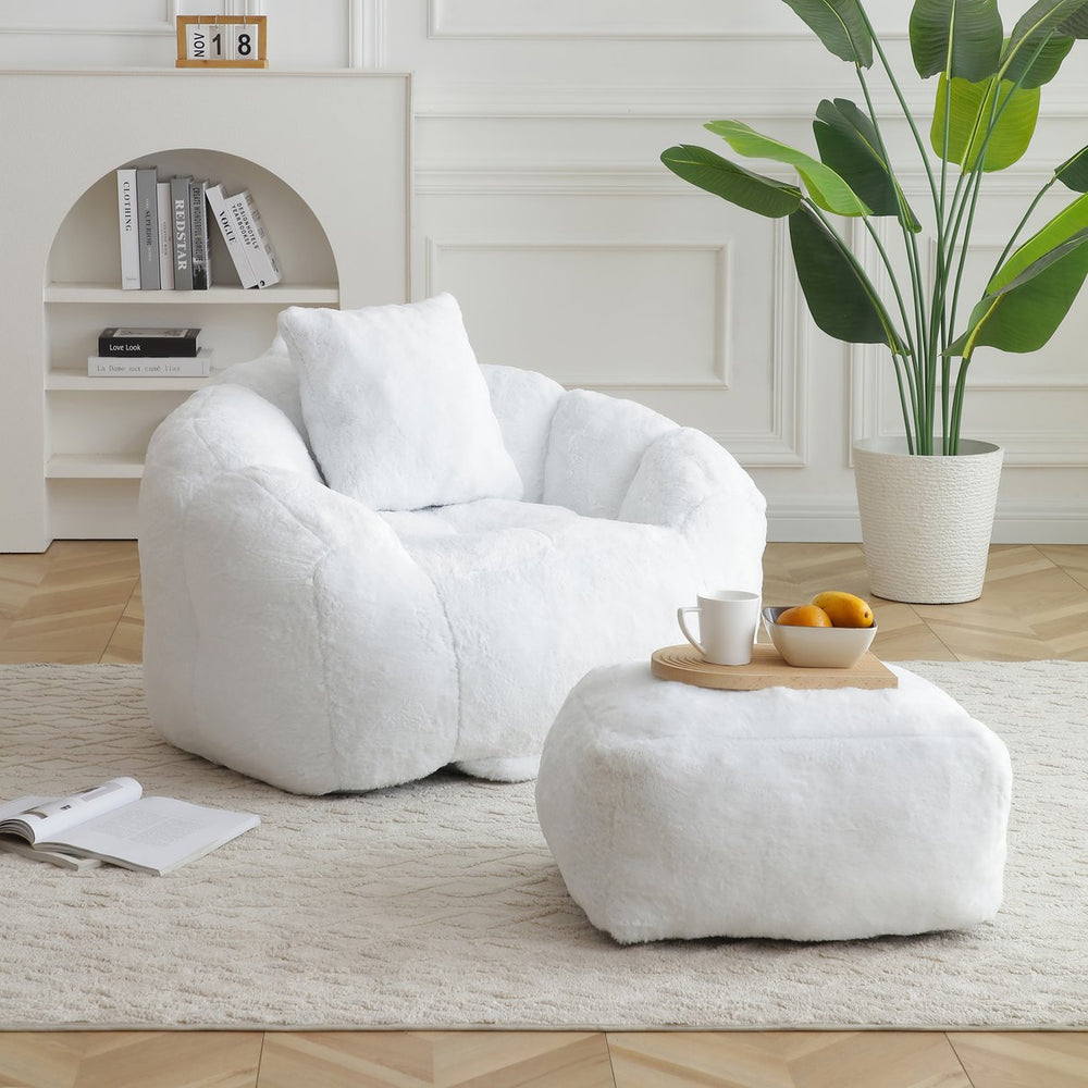 English Elm Giant Foam-Filled Bean Bag Chair with Footstool, Shell-Shaped Faux Fur Sofa for Gaming Reading уют White W2677P306793