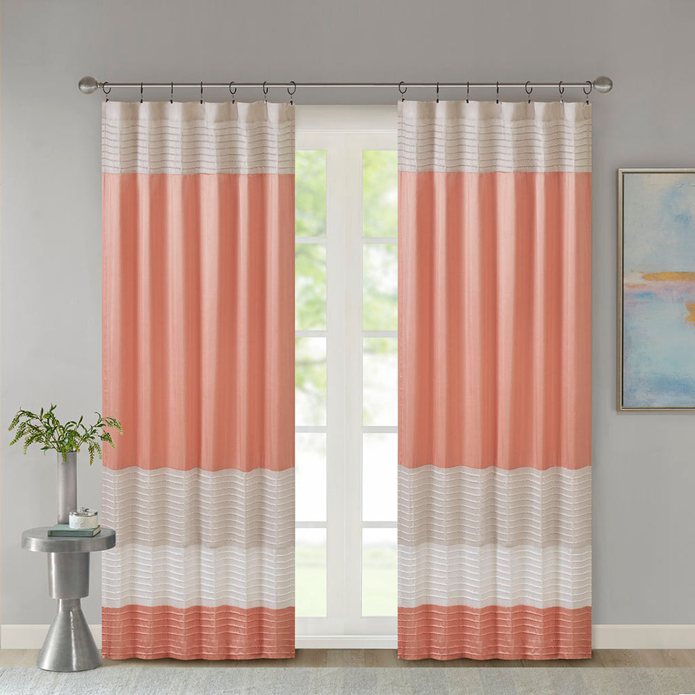 JLA Home Madison Park - Polyoni Pintuck Curtain Panel with Color-Block Stripes, Lined for Light Filtering and Tailored Texture Coral MP40-4372
