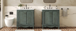 English Elm Christopher Knight Home® - 60" Retro Double Sink Bathroom Vanity Set with Soft-Close Doors, Adjustable Shelves, Rubberwood Legs Antique blue green,Teal N817P245317B