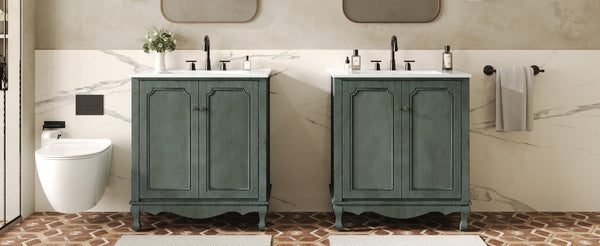 English Elm Christopher Knight Home® - 60" Retro Double Sink Bathroom Vanity Set with Soft-Close Doors, Adjustable Shelves, Rubberwood Legs Antique blue green,Teal N817P245317B