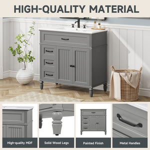English Elm Christopher Knight Home® - 36" Bathroom Vanity with Sink - Freestanding Ceramic Top, Soft-Close Doors & Drawers, Robust Craftsmanship Grey N759P340019E