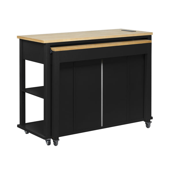 English Elm K&k Farmhouse Kitchen Island Extendable Table Rubber Wood Veneer Built-in Charging Storage Black N707S215327B