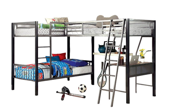 English Elm Modern Triple Twin L-Shaped Bunk Bed with Workstation, Silver Grey & Black Metal Frame, Safe Rails B2741P351949