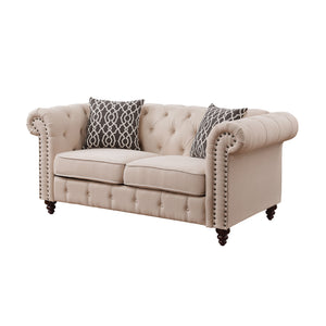 English Elm Aurelia Beige Linen Loveseat with 2 Patterned Pillows, Chesterfield Tufted Arms, Nailhead Trim, KD Legs B2726P288350
