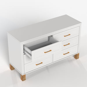 English Elm 6-drawer Solid Wood Dresser Mid-century Modern Gray Finish with Metal Bar Handles W1445P419757