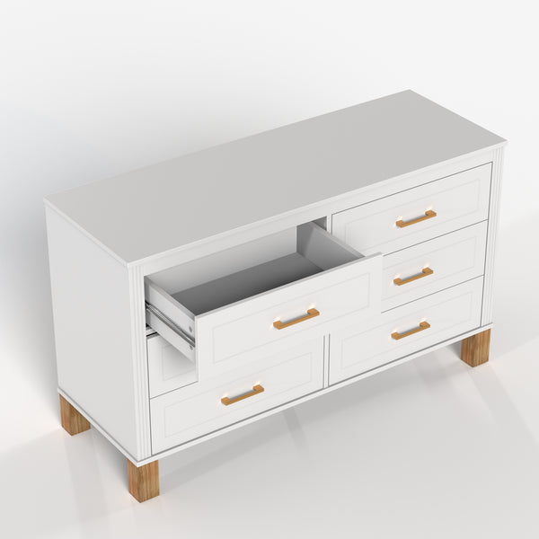 English Elm 6-drawer Solid Wood Dresser Mid-century Modern Gray Finish with Metal Bar Handles W1445P419757
