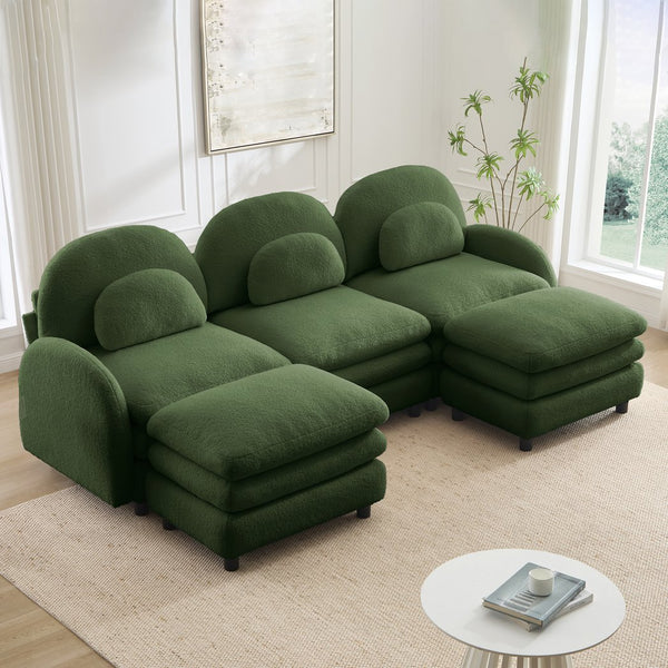 English Elm Teddy Fleece Modular Cloud Sofa Plush Three Seat Sectional with Movable Ottomans Green W5656S00086