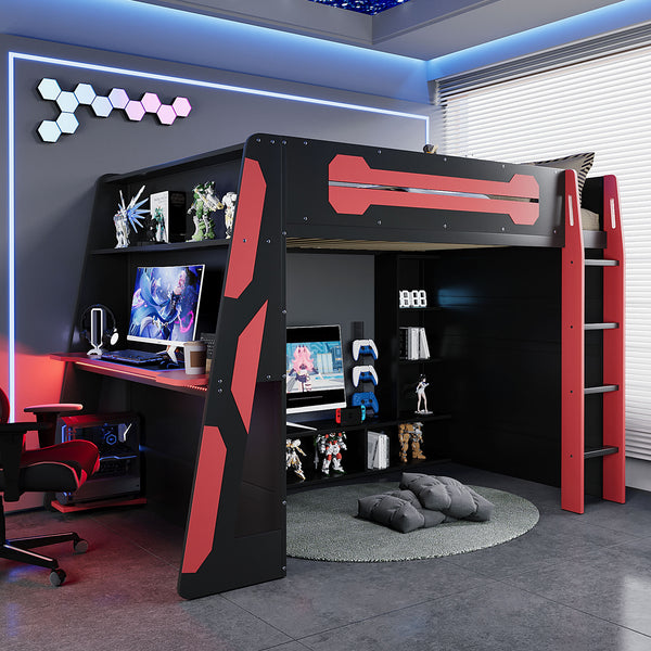 English Elm Full Size Wood Loft Bed with Rgb Lighting Desk Storage and Gaming Console Shelf Red LT000260AAR