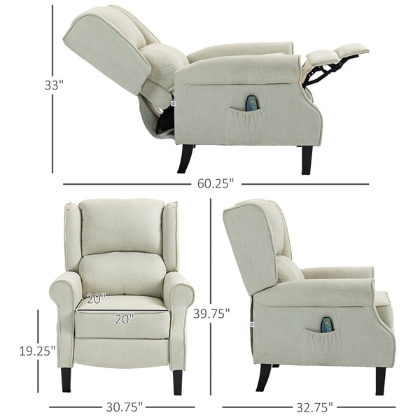 English Elm HOMCOM Linen Massage Recliner Chair with Heat & Dual Motors, Wingback Push-Back Sofa w/ Footrest and Side Pocket White W2225P200663