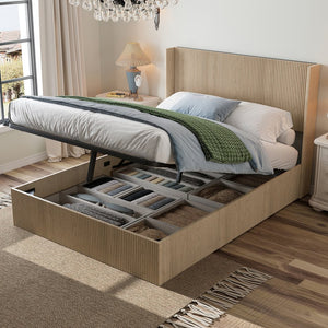 English Elm A Queen Oak Platform Bed with Lift Storage Grooved Panels and Hydraulic Base W1858P390003