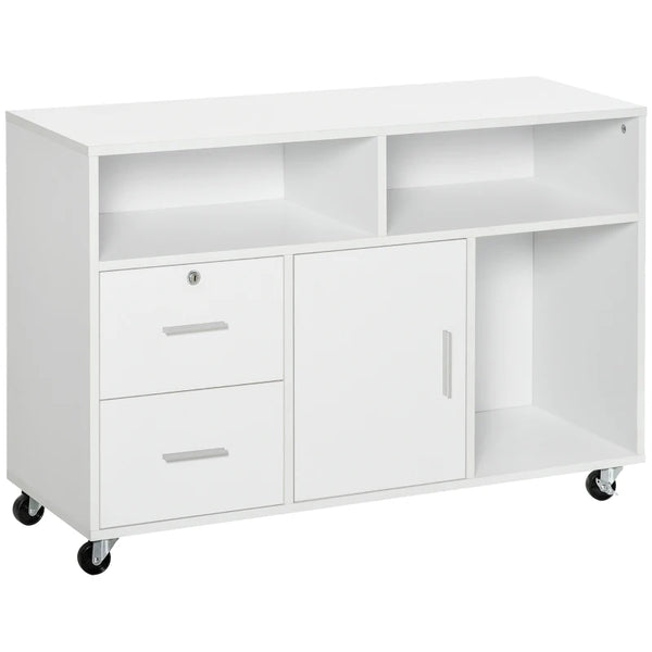 English Elm Mobile Rolling Storage Cabinet with Locking Drawers Open Shelves White Office Unit T3971P470279