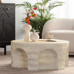 English Elm Mars Sculptural Round Accent Table Arched Cutout Base Minimalist Beige Living Room W3081P440608