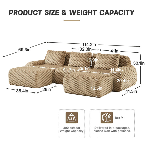 English Elm 114" U-shaped Modular Sectional Flannelette Sofa Oversized Lounge with Movable Ottoman Light Camel W714S01513