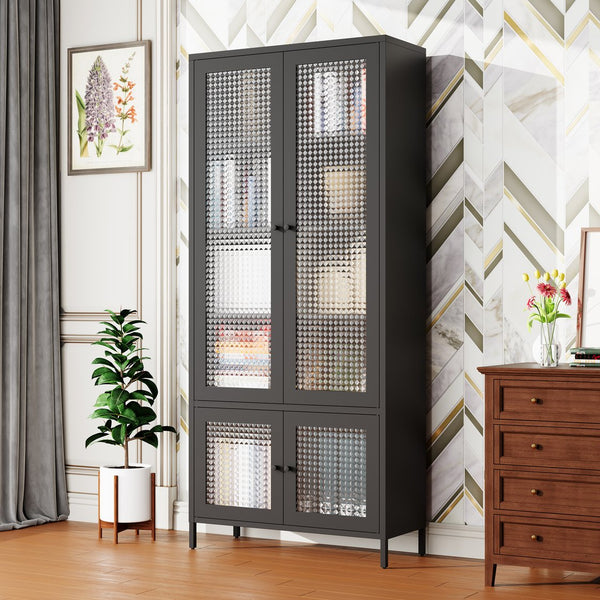 English Elm Large Metal Storage Cabinet with 4 Waffle-Grid Tempered Glass Doors, 5 Shelves, Rust-Resistant Steel Finish W2378P176273