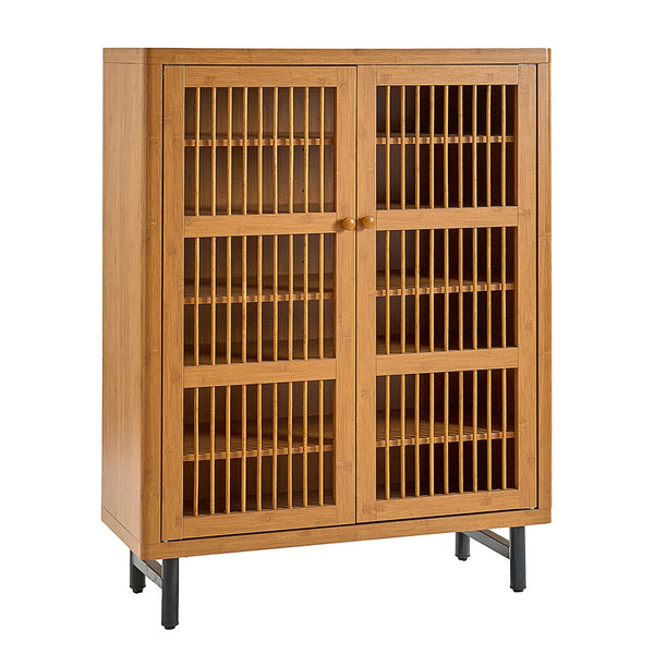 English Elm Shoe Cabinet with Louver Doors, 6-Tier Adjustable Shelves, MDF Storage Rack with Metal Legs for Entryway Natural W3417P388711
