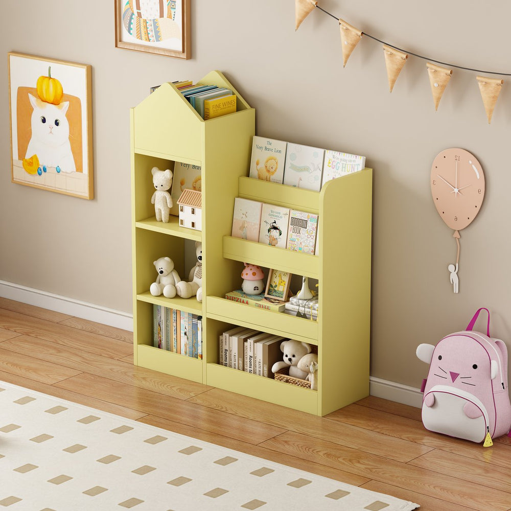 English Elm Yellow Kids Wooden Bookshelf Organizer with 6 Compartments, 2 Removable Bins, Sturdy MDF, Playroom Storage W2876P233555