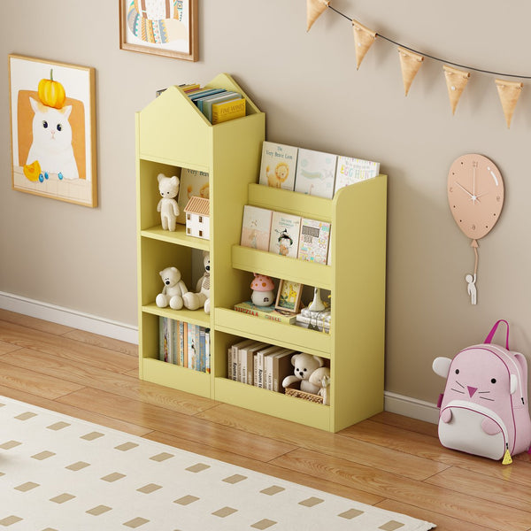 English Elm Yellow Kids Wooden Bookshelf Organizer with 6 Compartments, 2 Removable Bins, Sturdy MDF, Playroom Storage W2876P233555