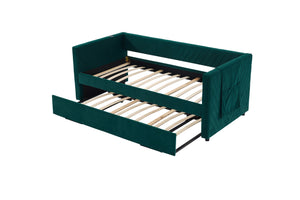 English Elm Twin Velvet Upholstered Daybed with Trundle, V-Pattern Backrest, USB Port, Side Pockets, Sturdy Design Emerald W1361S00043