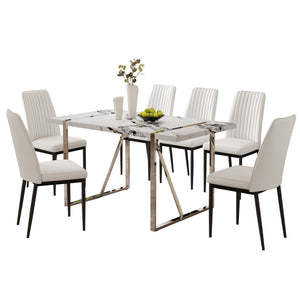 English Elm 7 Piece Faux Marble Dining Set with 55" Table and 6 Ergonomic PU Leather Chairs, Sturdy Modern Design SQ000750AAK