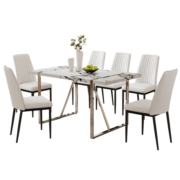 English Elm 7 Piece Faux Marble Dining Set with 55" Table and 6 Ergonomic PU Leather Chairs, Sturdy Modern Design SQ000750AAK