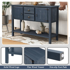 English Elm 46'' Solid Pine Retro Buffet Server with Iron Hardware Drawers Cabinets and Open Shelf Navy Blue W1202P457252
