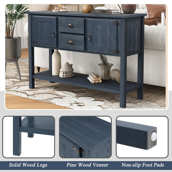 English Elm 46'' Solid Pine Retro Buffet Server with Iron Hardware Drawers Cabinets and Open Shelf Navy Blue W1202P457252