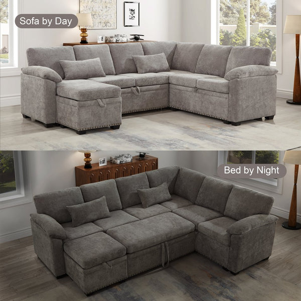 English Elm 97 Inch L-shaped Chenille Sectional Sofa with Sleeper Storage Ottoman 7 Seats Grey W1669S00018