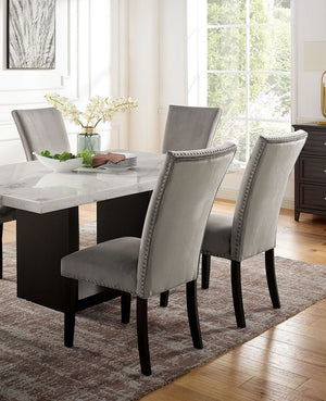 English Elm Gorgeous Marble Top 7 Piece Dining Set with Nailhead Upholstered Chairs Dark Wood Base Black,Light Gray,White B2741S00763