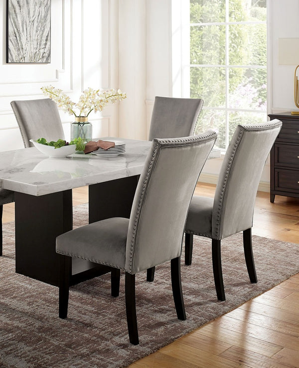 English Elm Gorgeous Marble Top 7 Piece Dining Set with Nailhead Upholstered Chairs Dark Wood Base Black,Light Gray,White B2741S00763