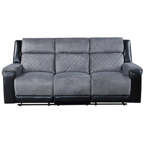 English Elm ALICIA Two-Tone Grey/Black Glider Reclining Sofa with Faux Leather Trim, Traditional Glam Comfort B201P216026