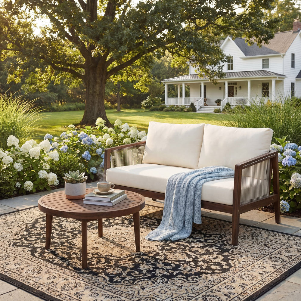 English Elm Outdoor Acacia Wood Loveseat Set with Rope Woven Panels and Matching Coffee Table Beige,Dark Brown N768P408131D