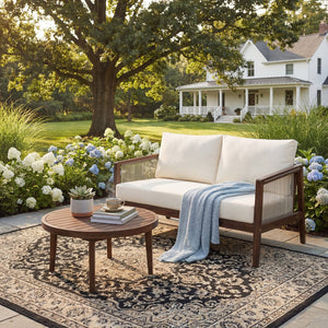 English Elm Outdoor Acacia Wood Loveseat Set with Rope Woven Panels and Matching Coffee Table Beige,Dark Brown N768P408131D