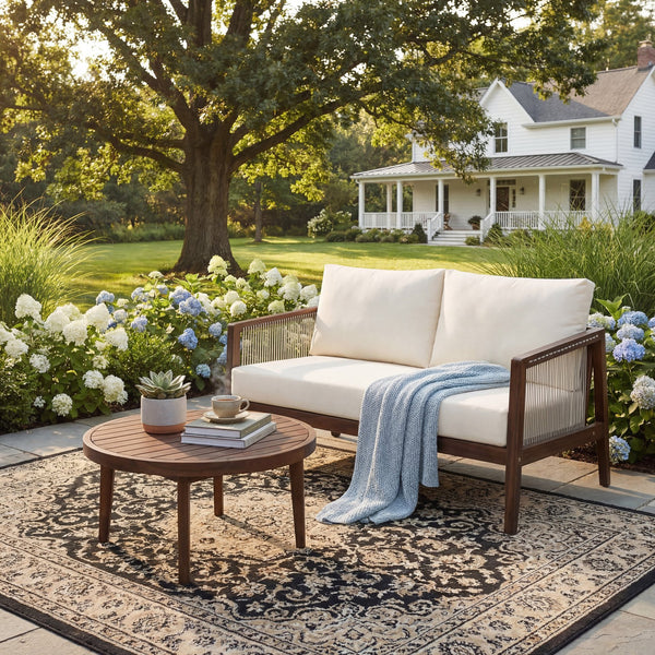 English Elm Outdoor Acacia Wood Loveseat Set with Rope Woven Panels and Matching Coffee Table Beige,Dark Brown N768P408131D