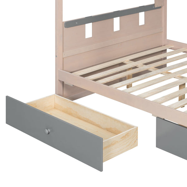 English Elm Full Size Castle Bunk Bed with Led Lighting Built in Shelf and Storage Drawers Gray LT000159AAE