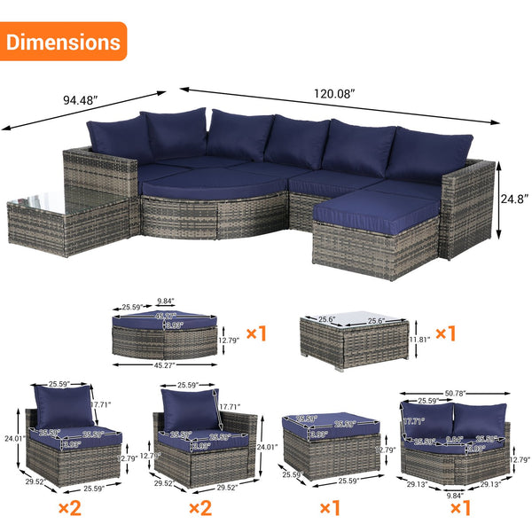 English Elm 8 Piece Outdoor Wicker Sectional Set with Curved Sofa Ottoman and Tempered Glass Table Dark Blue W874S00041