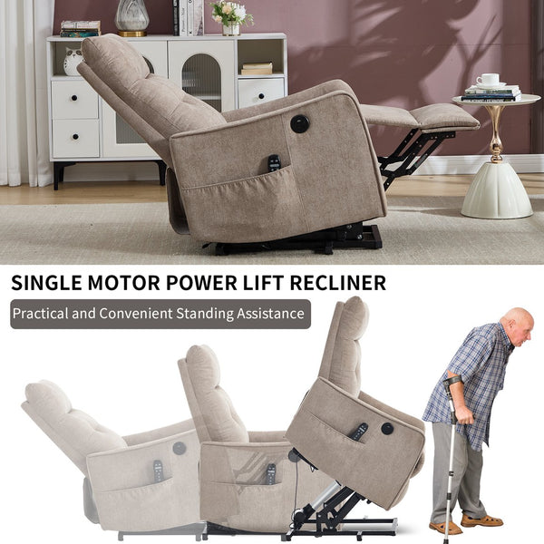 English Elm Beige Chenille Power Lift Recliner with Massage Heat and Usb for Senior Comfort Khaki W1803P364115