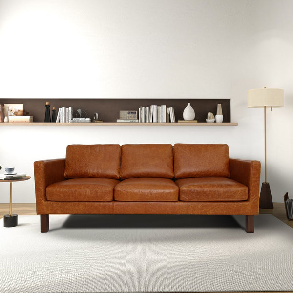 English Elm Elliot Full Grain Leather Reclining Sofa Solid Wood Frame Cognac Living Room Seating B183P255282