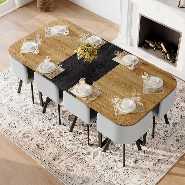 English Elm 9-piece Square Dining Set Two-tone Wood Grain Table with Gray Pu Leather Chairs W3875S00138